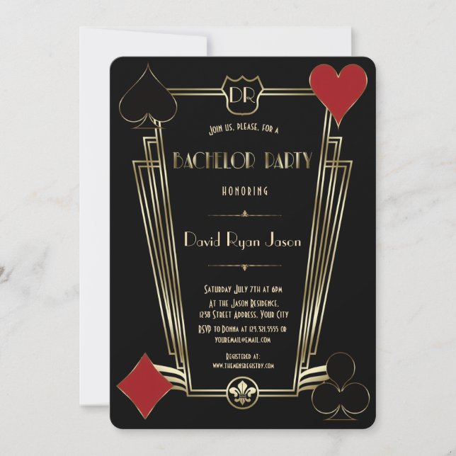Convite Casino Night Gold Art Deco Monogram Bachelor Party (Frente)