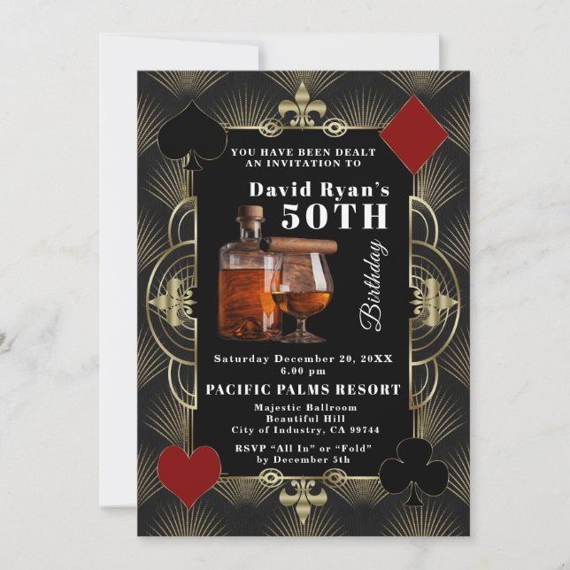 Convite Casino Vegas Cognac And Cigar 50th Birthday Party  (Frente)