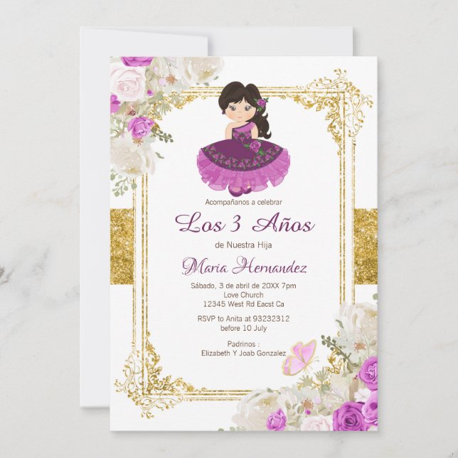Convite Caso Roxo Mexicano Vestido Terceiro Aniversário 1  (Frente)