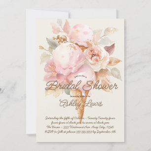 Convite Casquinha de sorvete dourado floral rosa sorvete