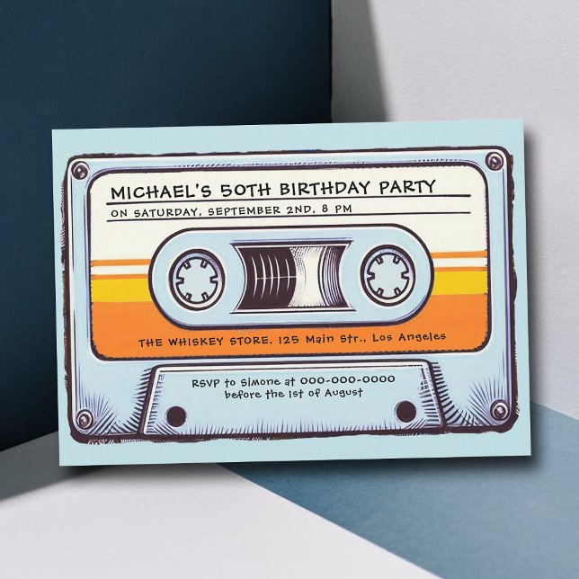 Convite Cassete de Áudio dos anos 80 da Retro Music 50th A (cassette mixtape 80s nostalgia 50th birthday party men vintage retro 70s 60s fun music blue orange)
