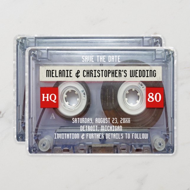 Convite Cassete Mixtape dos anos 80 Casamento Salve a data (Frente/Verso)