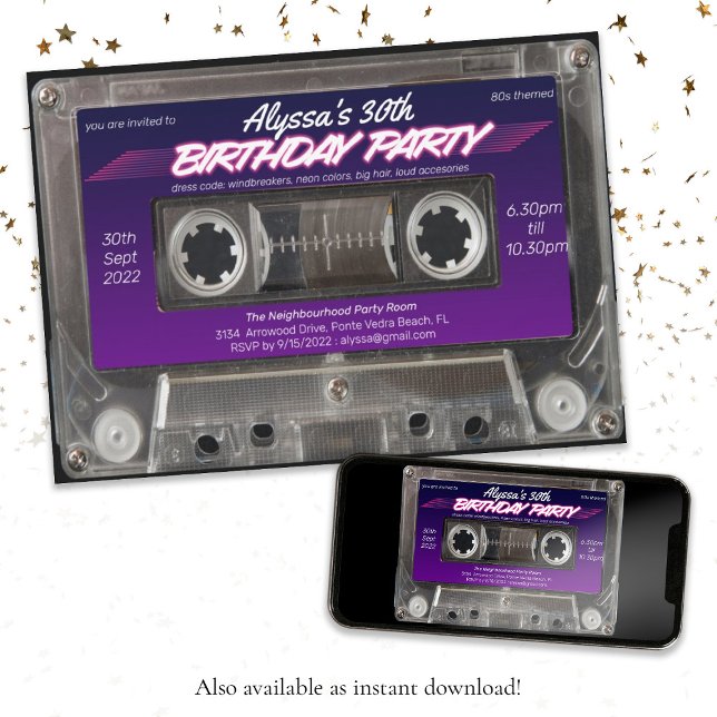 Convite Cassete Mixtape Retro 80s Neon Purple Party (Mixtape Cassette Retro 80s Neon Purple Party Invitation)