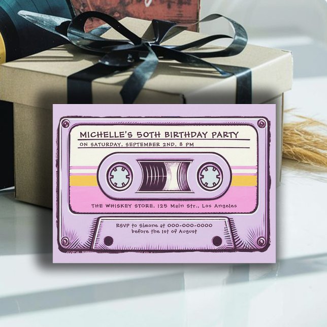 Convite Cassete Mixtape Retro Music 80s 50th Birthday (cassette mixtape 80s nostalgia 50th birthday party women vintage retro 70s 60s fun music purple chic)