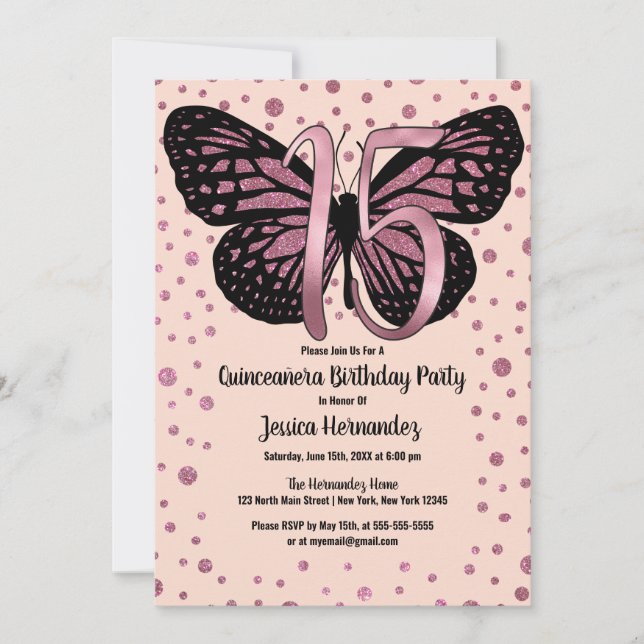 Convite Cassis Pink Butterfly Glitter Confetti Quinceañera (Frente)