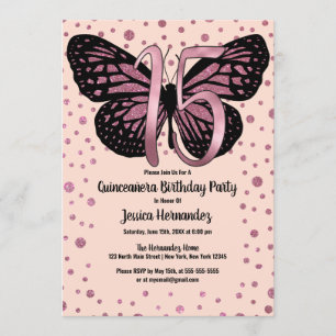 Convite Cassis Pink Butterfly Glitter Confetti Quinceañera