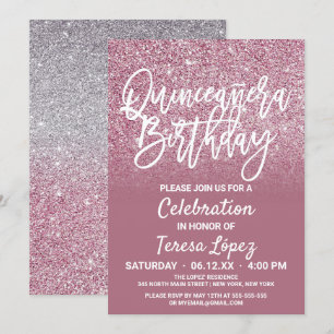 Convite Cassis Prata Rosa Faux Glitter Ombre Quinceañera