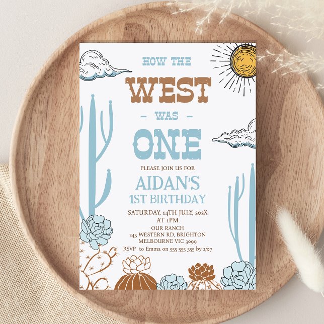 Convite Castanho Azul Moderno Como O Ocidente Foi Um Anive (Modern How The West Was One Birthday Invitation Boy, Retro Wild West Western Themed 1st Birthday)
