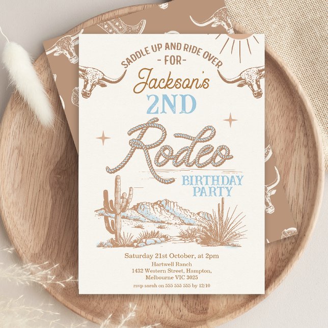 Convite Castanho Azul Qualquer Idade do Rodeio Ocidental A (Boys Rodeo Birthday Invitation, Any Age Western themed, Wild West, Cowboy, Southern Country Rope)