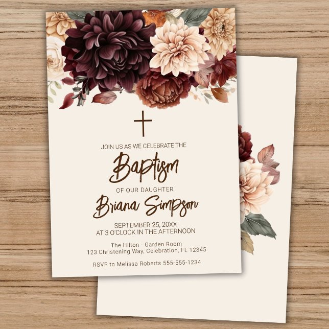 Convite Castanho Beige Ivory Flowers Floral Baptism (Criador carregado)