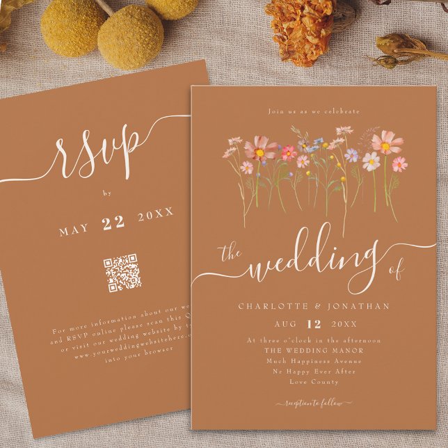 Convite Castanho-da-flor-guará-doce-de-açúcar-castanho-da- (Wildflower meadow boho floral brown sugar & beige Wedding qr code invitation Elegant script)