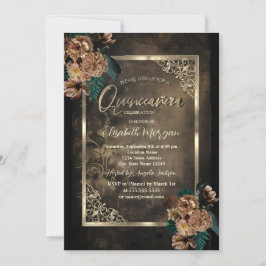 Convite Castanho Flores Douradas Frame Gótico Quinceañera