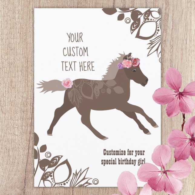 Convite Castanho, Pônea Galopante Rosa, Festa de aniversár (brown pony wearing pink roses on head and tail pony ride birthday party invitation)