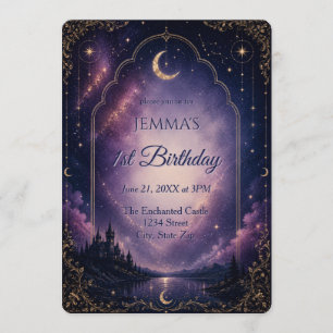 Convite Castelo Celestial Lua e Estrelas Primeiro Aniversá