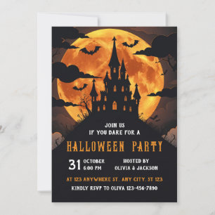 Convite Castelo Com Lua Cheia, Noite, Bat, Halloween