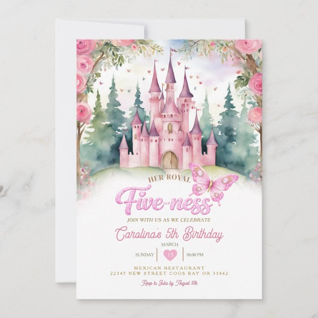 Convite Castelo da Borboleta Rosa Aniversário de Sua Altez (Frente)