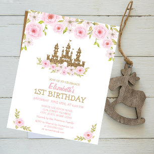 Convite Castelo da Princesa com Purpurina Dourada, Floral