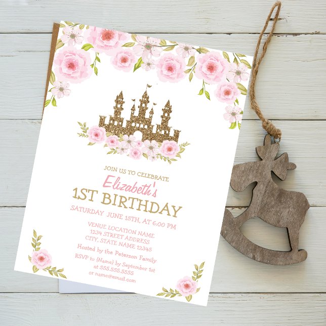Convite Castelo da Princesa com Purpurina Dourada, Floral  (Criador carregado)
