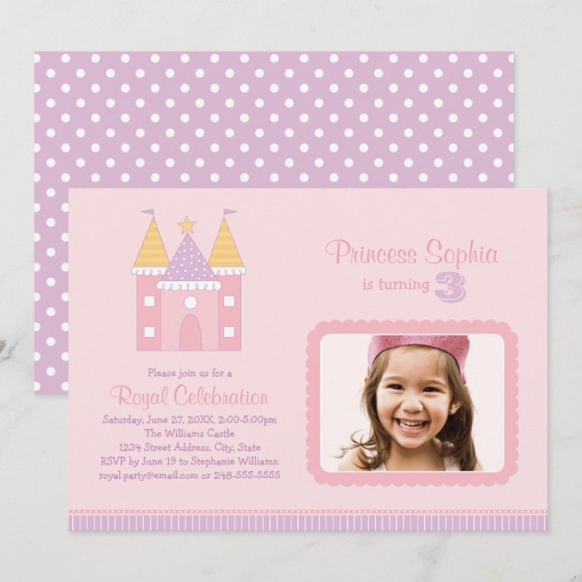 Convite Castelo da Princesa Real Foto Meninas Aniversário (Frente/Verso)