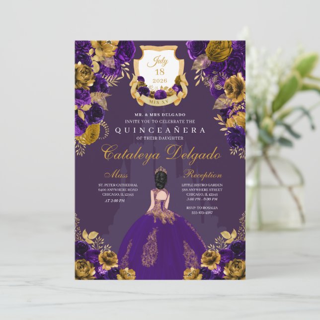 Convite Castelo da Princesa Roxo e Dourada Quinceañera (Em pé/Frente)