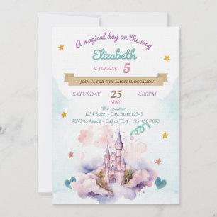 Convite Castelo de Aquarela Nuvens Estrelas Aniversário  