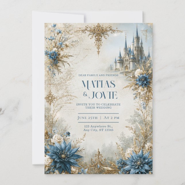 Convite Castelo de Casamento Blue Blossom (Frente)
