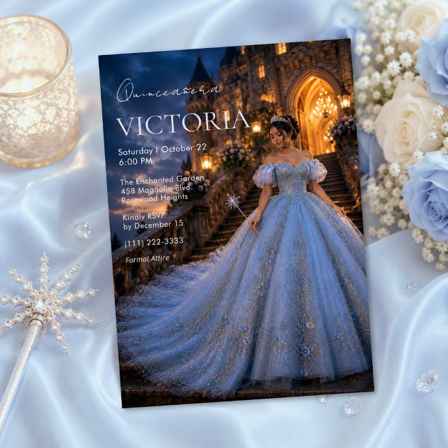 Convite Castelo de Conto de Fadas Azul Quinceañera (Criador carregado)