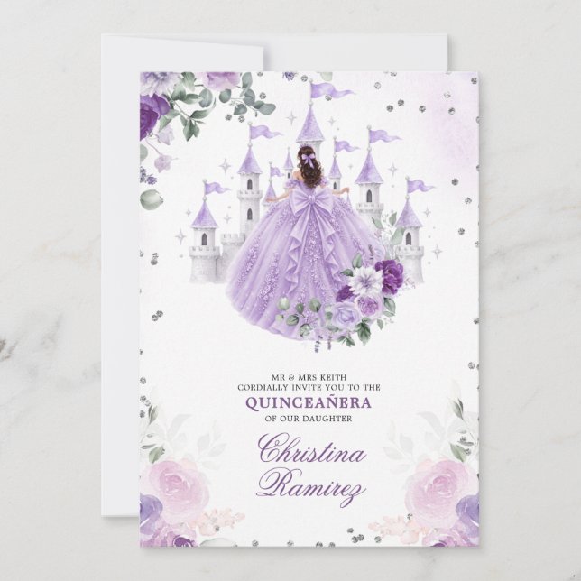 Convite Castelo de Conto de Fadas Princesa Roxo Lilás Quin (Frente)