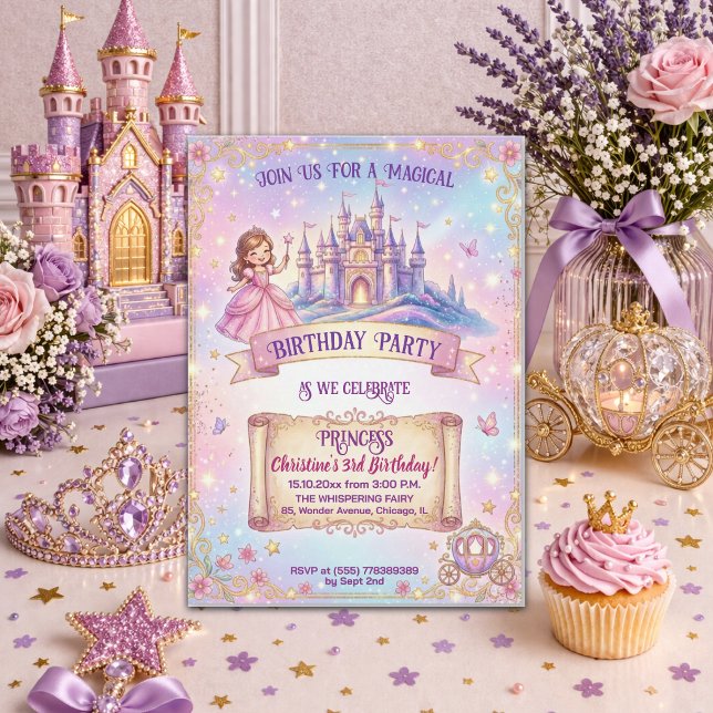 Convite Castelo de Contos de Fadas Princesa 3º Aniversário (Criador carregado)