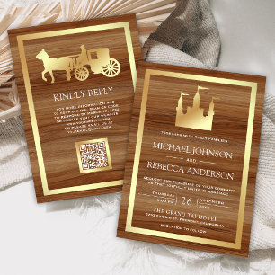 Convite Castelo de Fadas Dourado Carruagem Código QR Casam