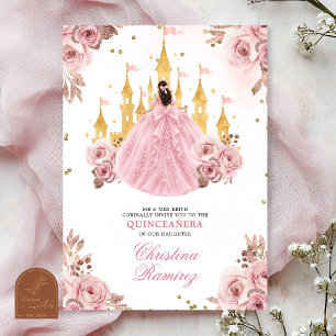Convite Castelo de Fadas Princesa Dourado Rosa Quinceanera