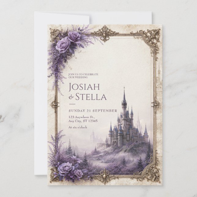 Convite Castelo de Noiva com Névoa e Rosa Lavanda (Frente)