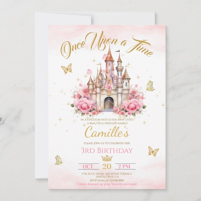 Convite castelo de princesa do Era Uma Vez aniversário  (Frente)