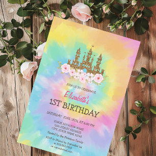 Convite Castelo de Princesa Flores Tie Dye Aniversário