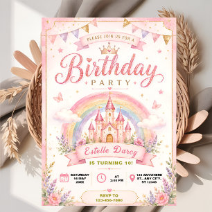 Convite Castelo de Princesa Mágico Aniversário Arco-íris