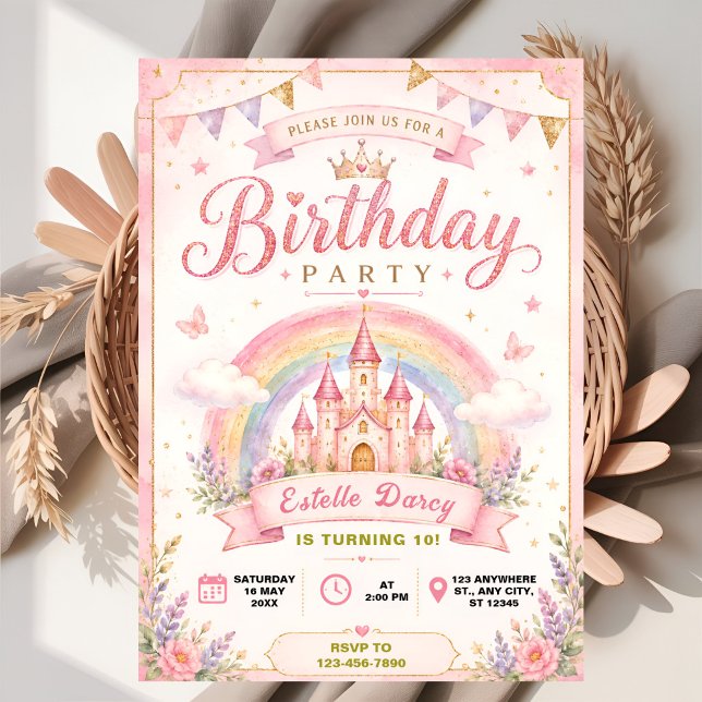 Convite Castelo de Princesa Mágico Aniversário Arco-íris (Criador carregado)