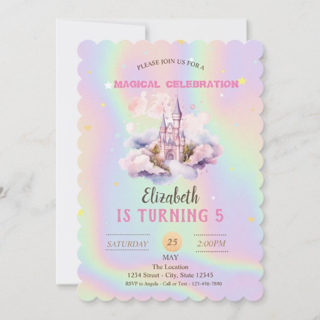 Convite Castelo de Princesa Nuvens Aniversário Holográfico (Frente)