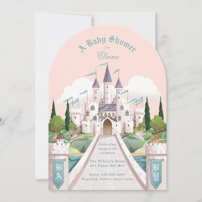 Convite Castelo de Storybook - Chá de fraldas rosa ilustra (Frente)