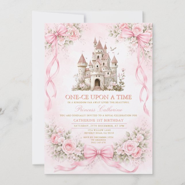 Convite Castelo do Laço Rosa Primeiro Aniversário (Frente)