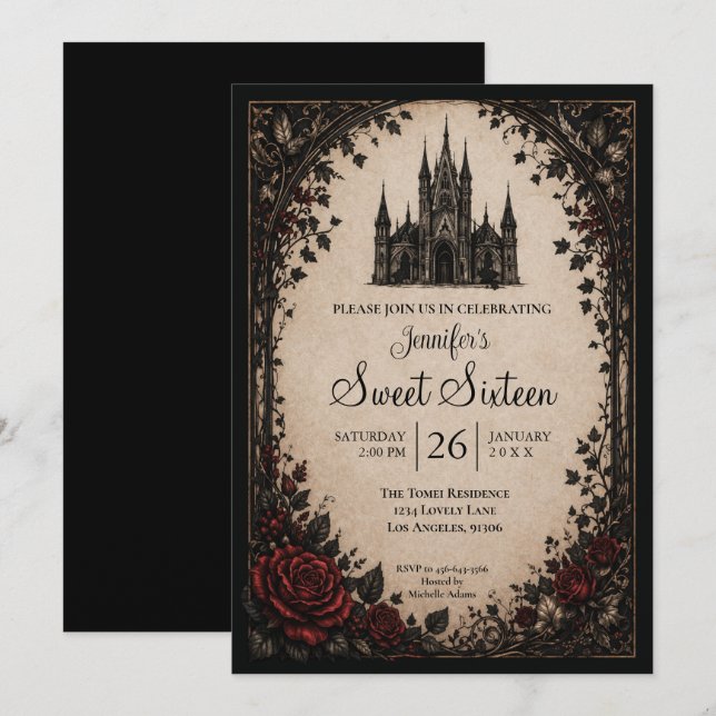 Convite Castelo Floral Gótico Sweet 16 (Frente/Verso)