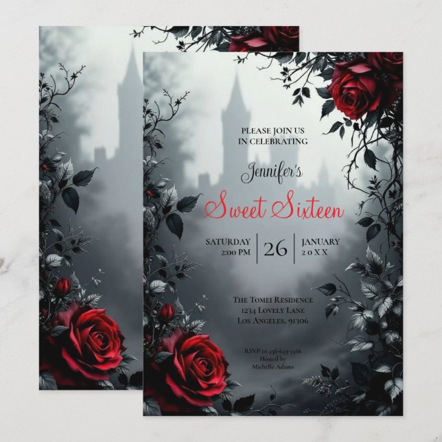 Convite Castelo Floral Gótico Sweet 16 (Frente/Verso)