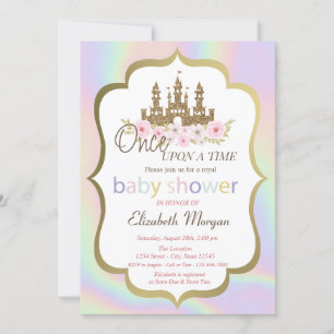 Convite Castelo Glamouroso Floral, Chuvinha de Bebê Hologr
