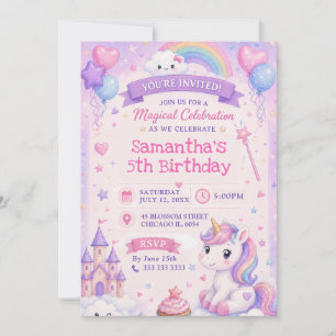 Convite Castelo Mágico de Aniversário de Unicórnio Fofo