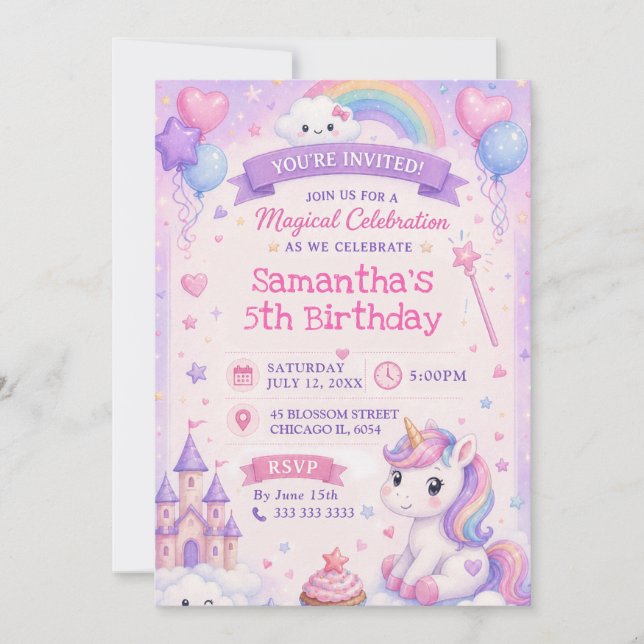 Convite Castelo Mágico de Aniversário de Unicórnio Fofo (Frente)