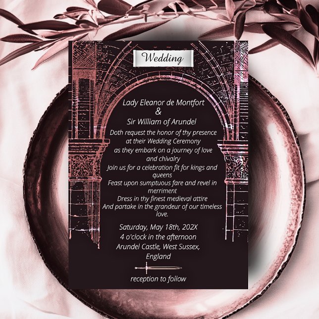 Convite Castelo Medieval Moody Rosa Casamento Pergaminho F (Medieval Castle Faux Parchment Wedding Invitation)