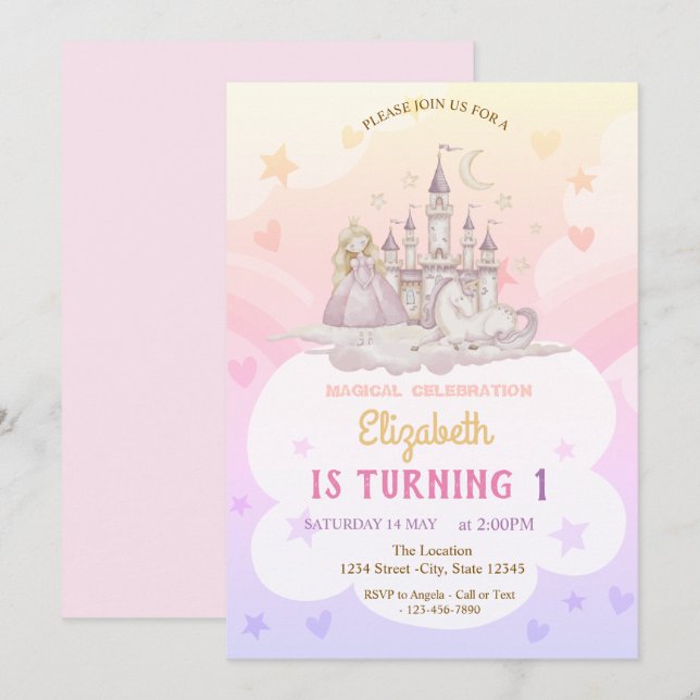 Convite Castelo Princesa Pônei Arco-íris Aniversário (Frente/Verso)