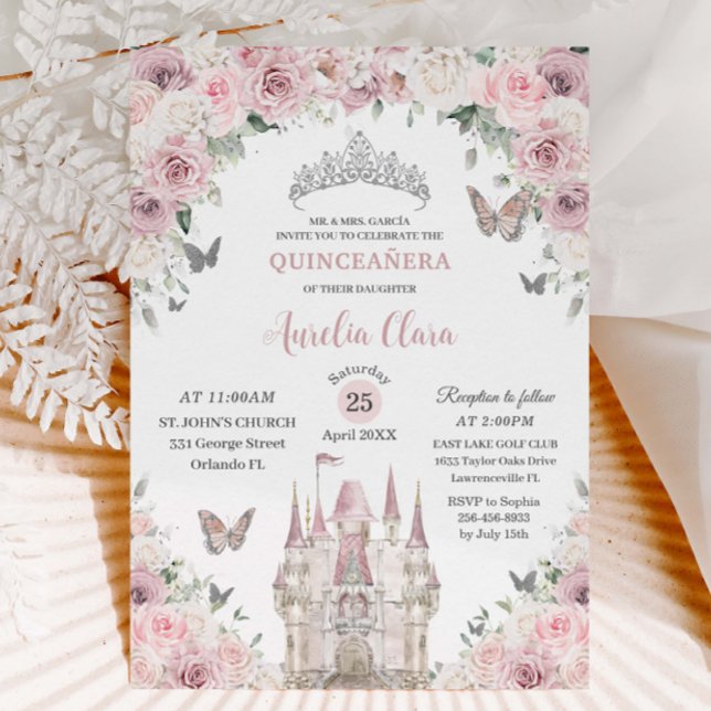 Convite Castelo Quinceañera, Princesa Floral Branca, Rosa, (light-dusty-pink-white-floral-princess-castle-silver-Quinceañera-15th-sweet-16-birthday-party-invite)