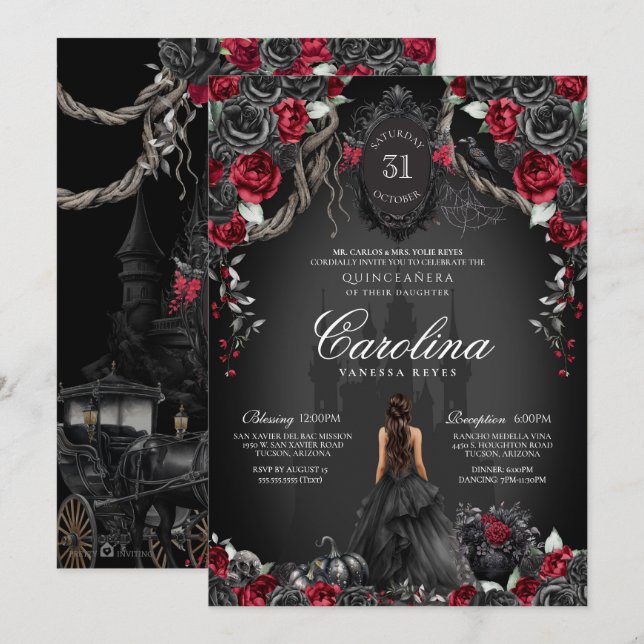 Convite Castelo Quinceanera Red Black Rosa Gothic Hauned (Frente/Verso)