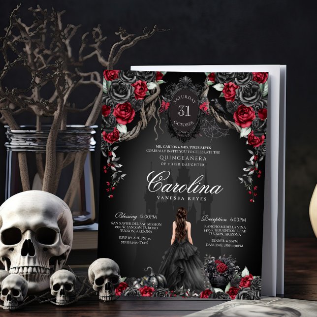 Convite Castelo Quinceanera Red Black Rosa Gothic Hauned (Criador carregado)