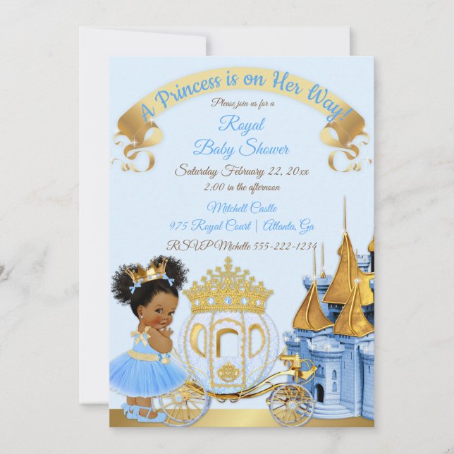 Convite Castelo Real da Princesa Carruagem Azul Dourado Me (Frente)